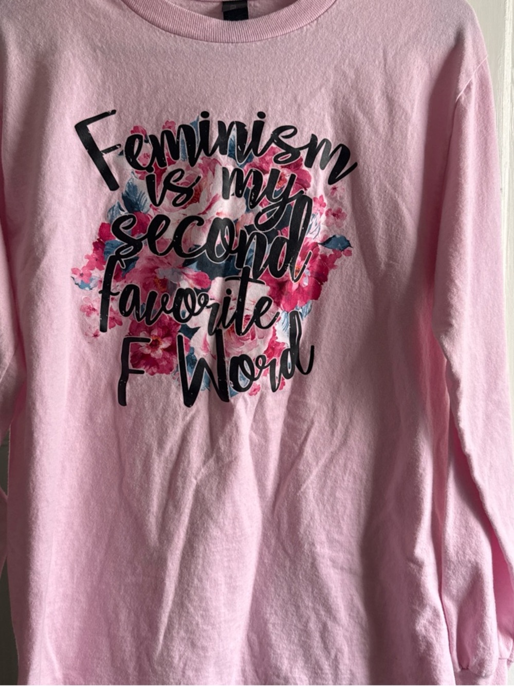 Gildan Light Pink Long Sleeve Tee with Black Script and Floral Accents